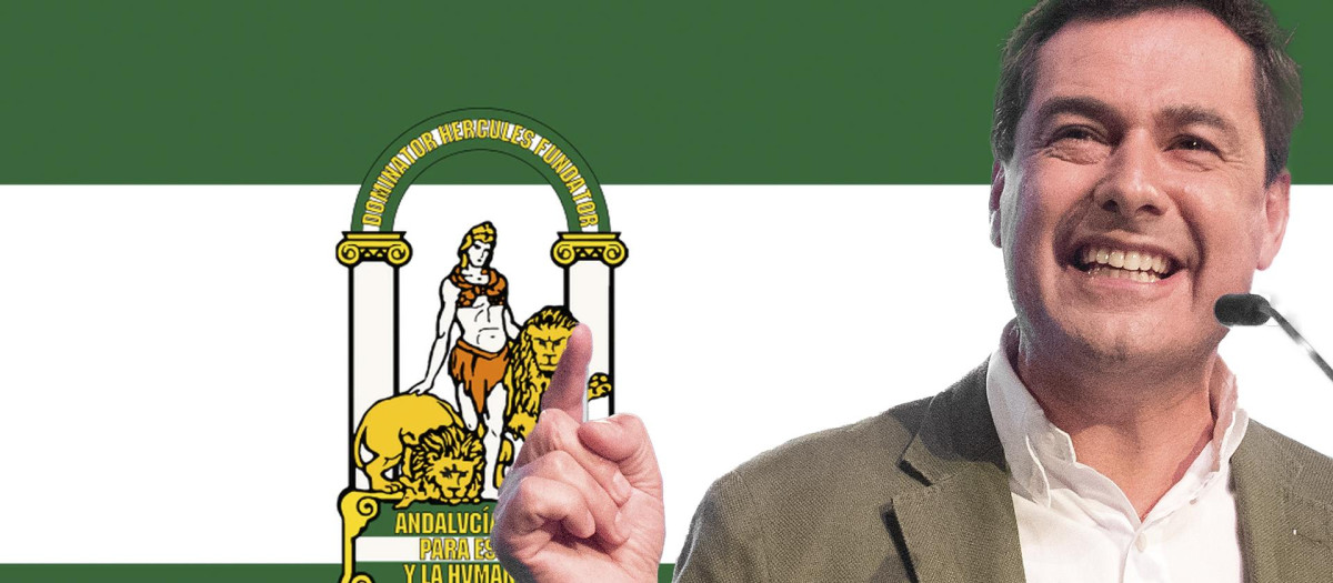 Fotomontaje de Juanma Moreno, con la bandera de Andalucía