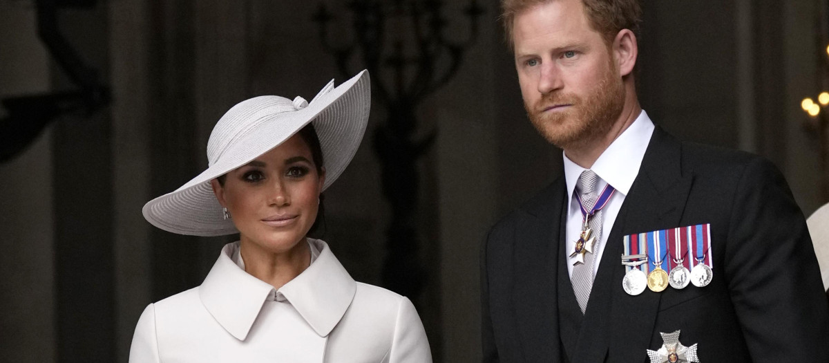 Prince Harry and Meghan Markle,Duchess of Sussex attending a service of thanksgiving for the reign of Queen Elizabeth II  in London Friday June 3, 2022 on the second of four days of celebrations to mark the Platinum Jubilee.