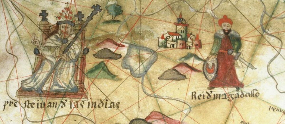 El «Preste Juan de las Indias» entronizado sobre un mapa del África oriental