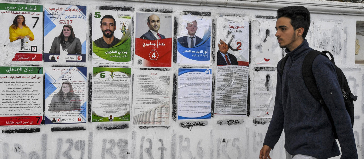 Un joven pasa junto a los carteles electorales de los candidatos que se postulan en las elecciones legislativas tunecinas