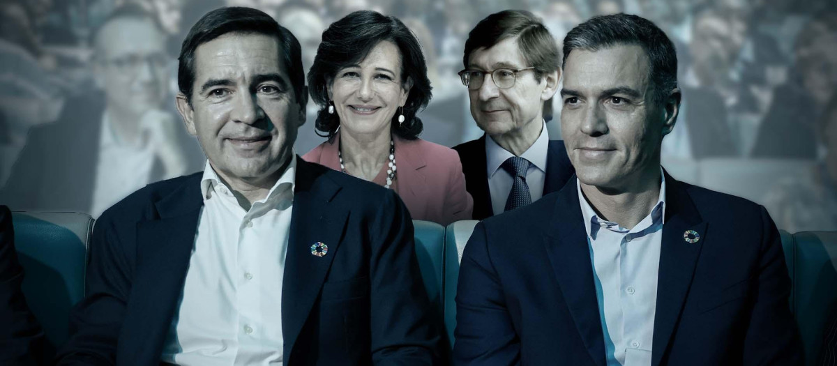 Los principales bancos, con sus mandos en la imagen acompañando a Sánchez, ya han dicho que recurrirán el llamado impuesto a la banca si llega a implantarse.