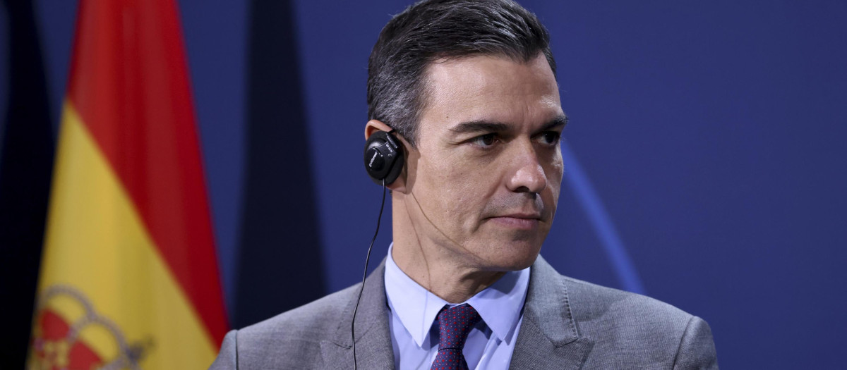 Spanish Prime Minister Pedro Sanchez attends a press statement at the Chancellery in Berlin, Germany, Friday March 18, 2022.