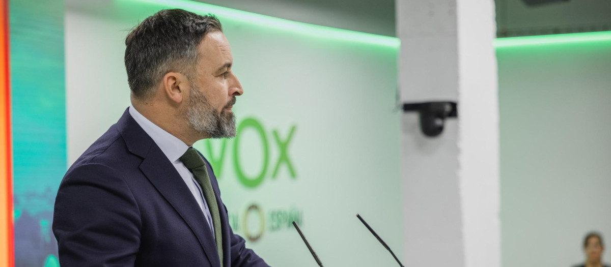 Santiago Abascal ofrece una rueda de prensa en la sede nacional de Vox