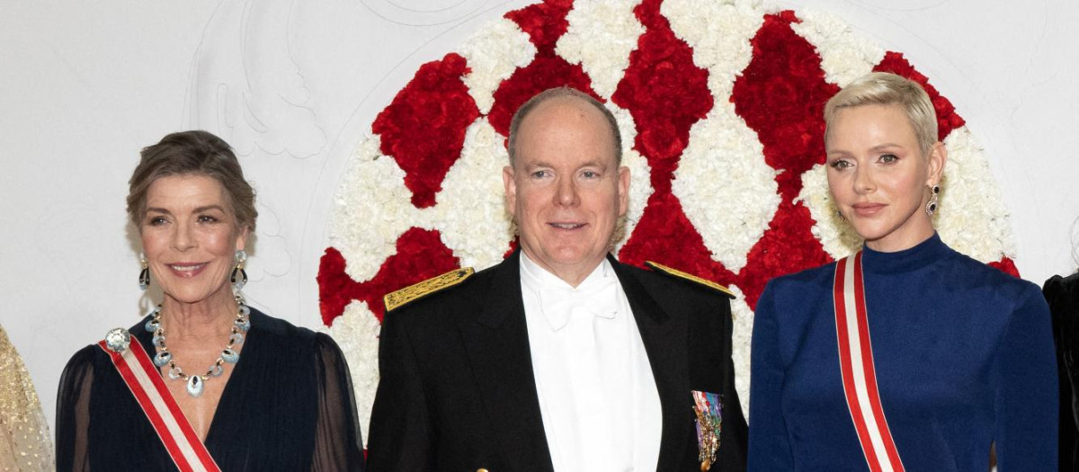 Princess Caroline of Hanover, Prince Albert II of Monaco and Princesse Charlene of Monaco at the gala at the Forum Grimaldi during the Monaco National Day Celebrations in Monaco, on November 19, 2022 in Monaco, France.