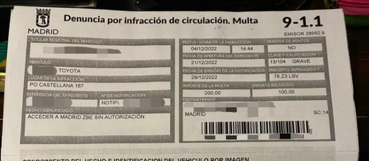 Multa ZBE de 200 euros con derecho a reducción a 100