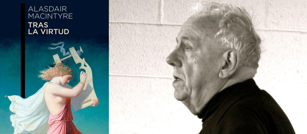 Portada del libro Tras la virtud junto a una foto de su autor, Alasdair MacIntyre