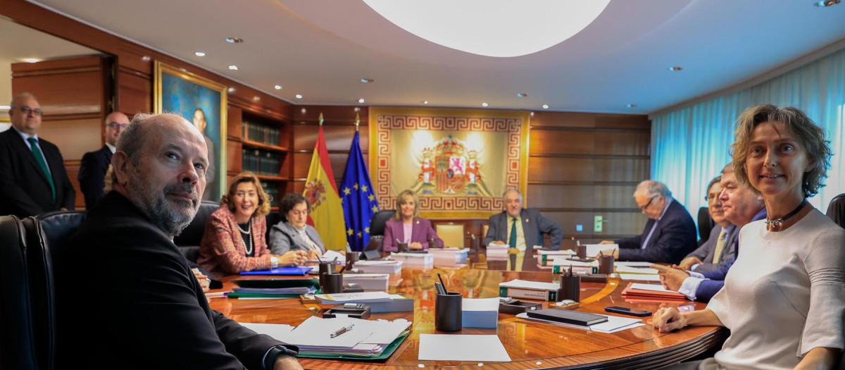 Los magistrados del Tribunal Constitucional Juan Carlos Campo (i) y Laura Díez Bueso (d) asisten al primer Pleno jurisdiccional de la institución tras la XIV renovación de la misma, este martes en Madrid. EFE/ Zipi