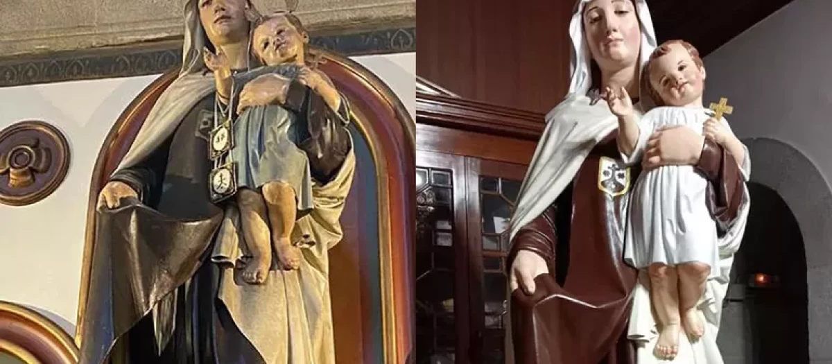 La imagen de la Virgen del Carmen a la izquierda, como estaba antes de ser retocada. A la derecha, la talla de Brocos tras la restauración