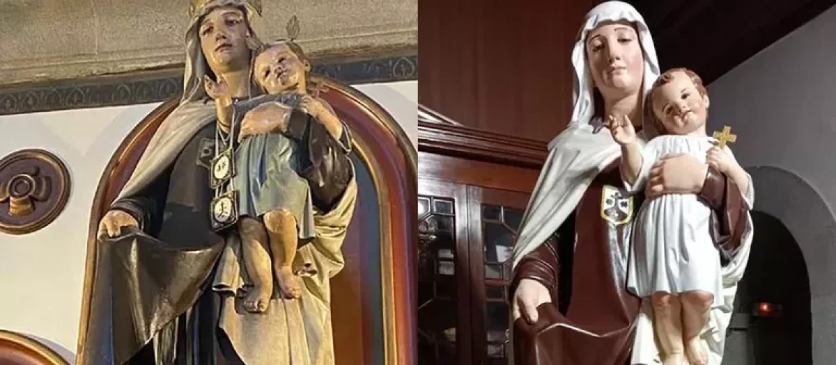 La imagen de la Virgen del Carmen a la izquierda, como estaba antes de ser retocada. A la derecha, la talla de Brocos tras la restauración