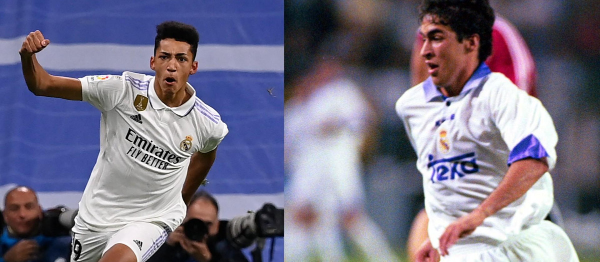 Álvaro Rodríguez, a la izquierda, en su gol al Atlético este sábado; Raúl, a la derecha, en su debut en 1994