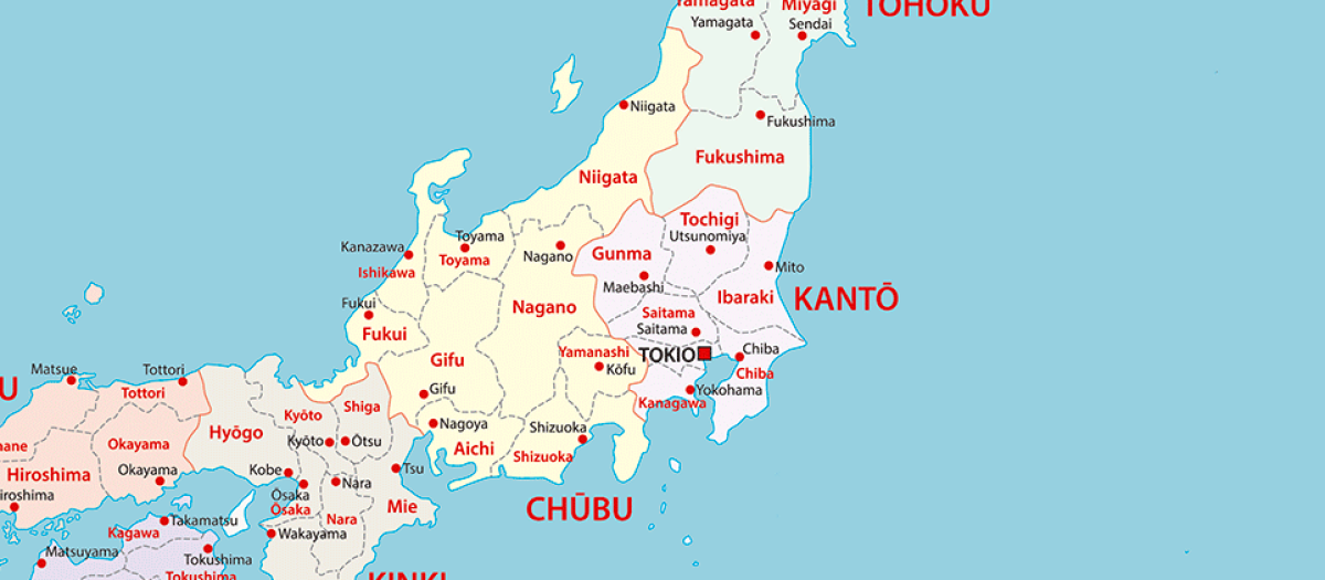 Mapa político de Japón sin sus islas adicionales