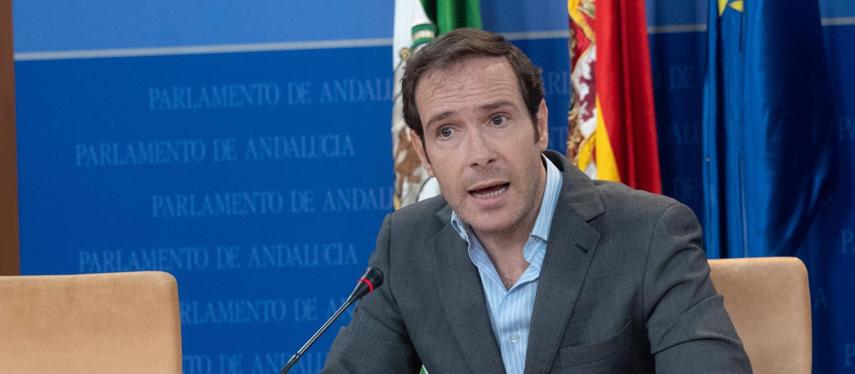 El portavoz adjunto de Vox en Andalucía Javier Cortés, durante la rueda de prensa