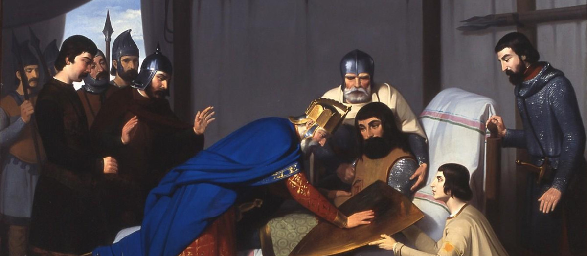 Atendiendo a la leyenda, Claudi Lorenzale pinta (1843-1844) el momento en que Carlos el Calvo con la sangre de la herida de Wifredo en sus dedos crea las cuatro barras del escudo de armas del condado de Barcelona