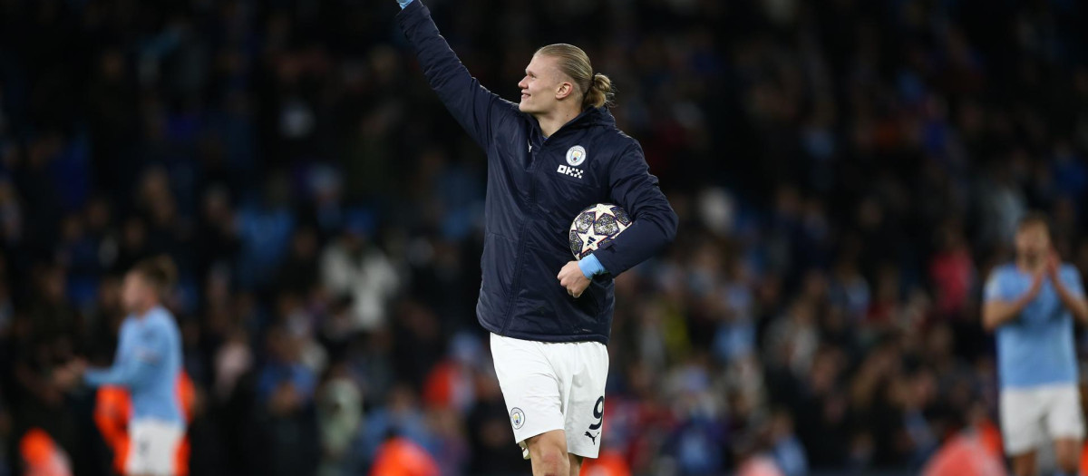 Erling Haaland celebra la victoria y el repoker de goles frente al RB Leipzig
