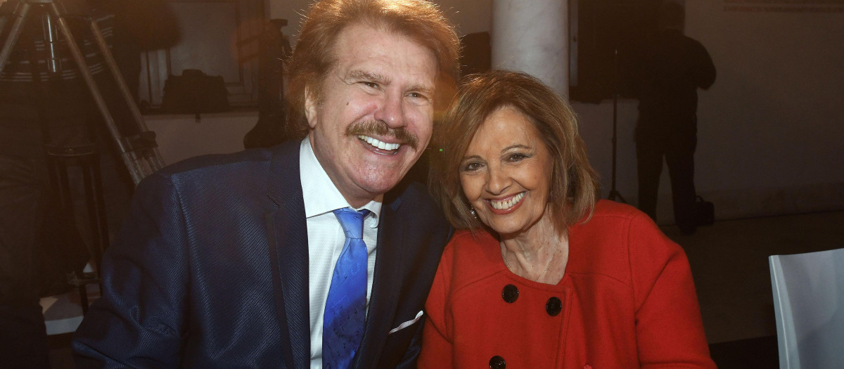 Journalist Maria Teresa Campos and Edmundo " Bigote " Arrocet during Guapo de España 2019 in Malaga on Saturday , 19 January 2019