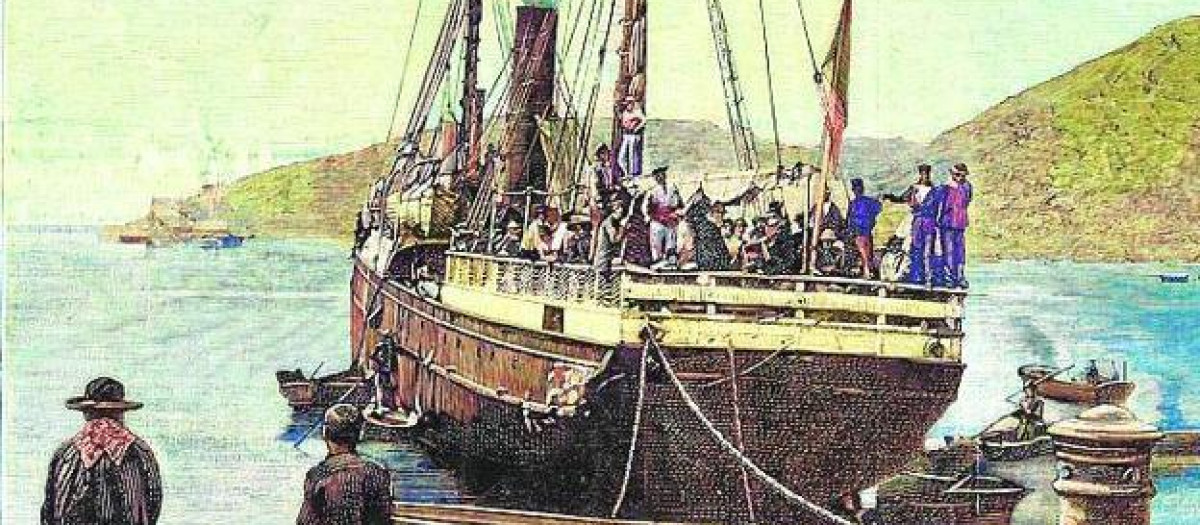 Dibujo del periódico La Ilustración: llegada a Cartagena del barco Correo de Cartagena con repatriados de Orán (1881)
