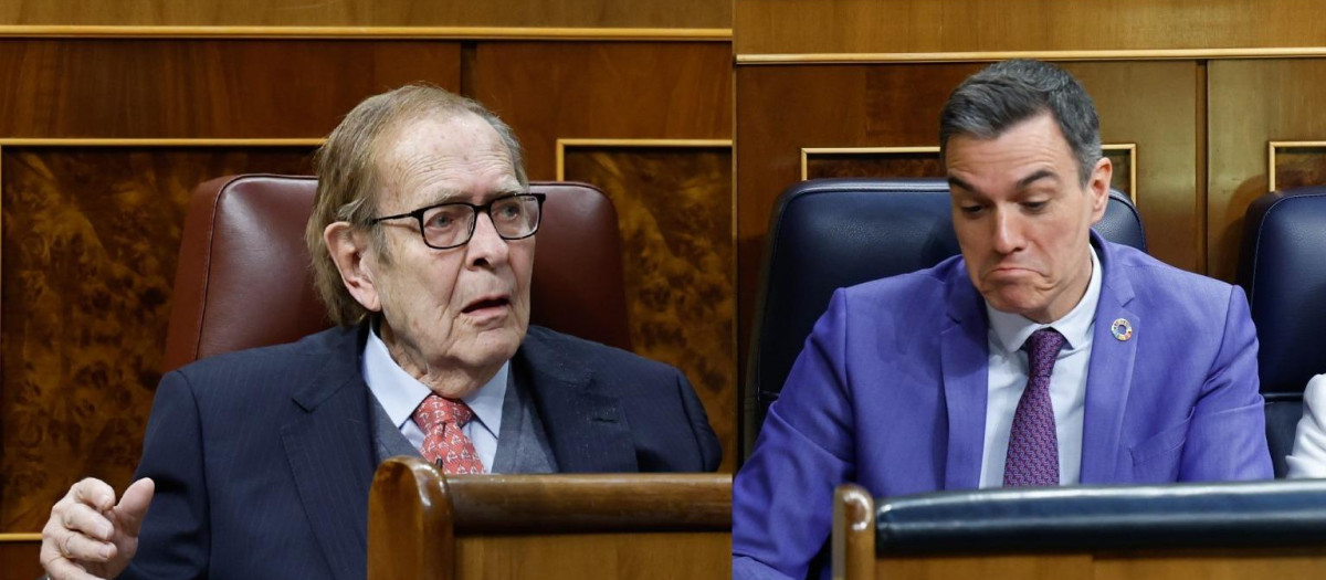 Ramón Tamames y Pedro Sánchez durante la moción de censura