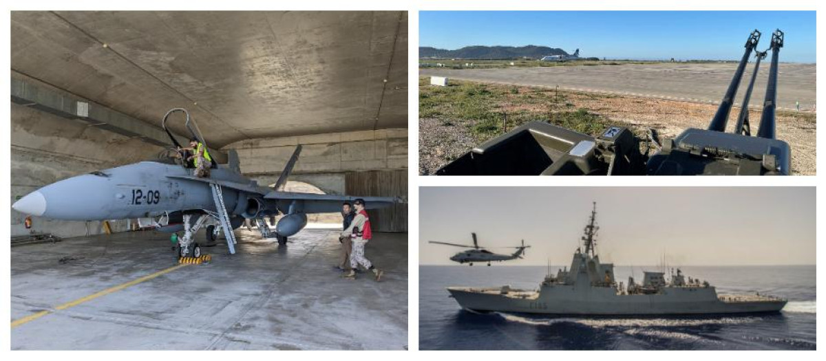 De izquierda a derecha: un F-18 del Ala 12; 35/90 Skyguard; y fragata F-105 Crristóbal Colón