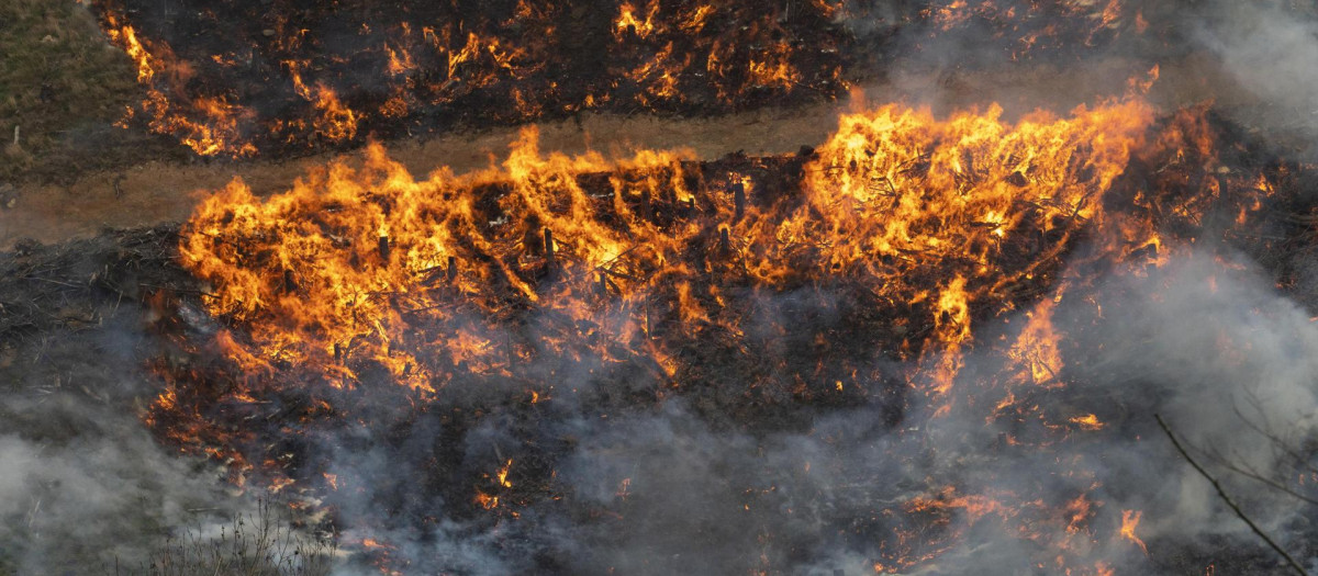 Llamas del incendio forestal en los montes de la localidad cántabra de Fresneda