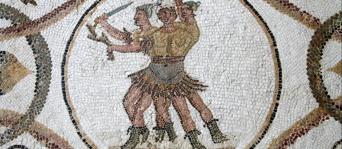 'Danza de guerra', fragmento de mosaico Museo del Bardo, Túnez