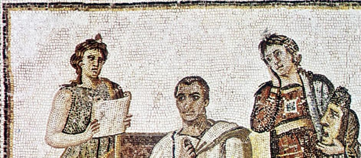 Fresco del poeta romano Virgilio escribiendo La Eneida rodeado de sus musas, en el Museo del Bardo, Túnez