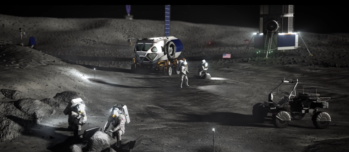 Varios astronautas trabajan en una base lunar de la NASA, en una recreación hecha por ordenador