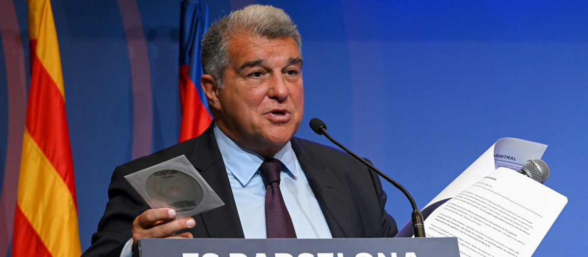 Joan Laporta, durante la rueda de prensa del pasado lunes en la que dio explicaciones sobre el caso Negreira