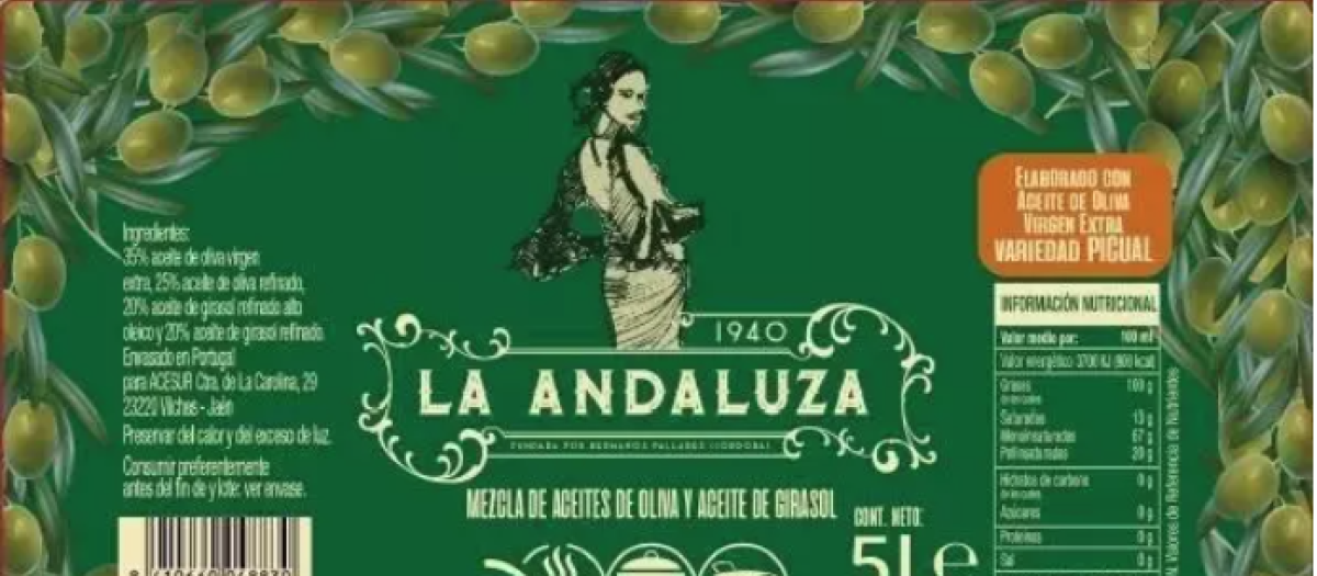 Etiqueta de aceite de oliva con mezcla de aceites de girasol y oliva