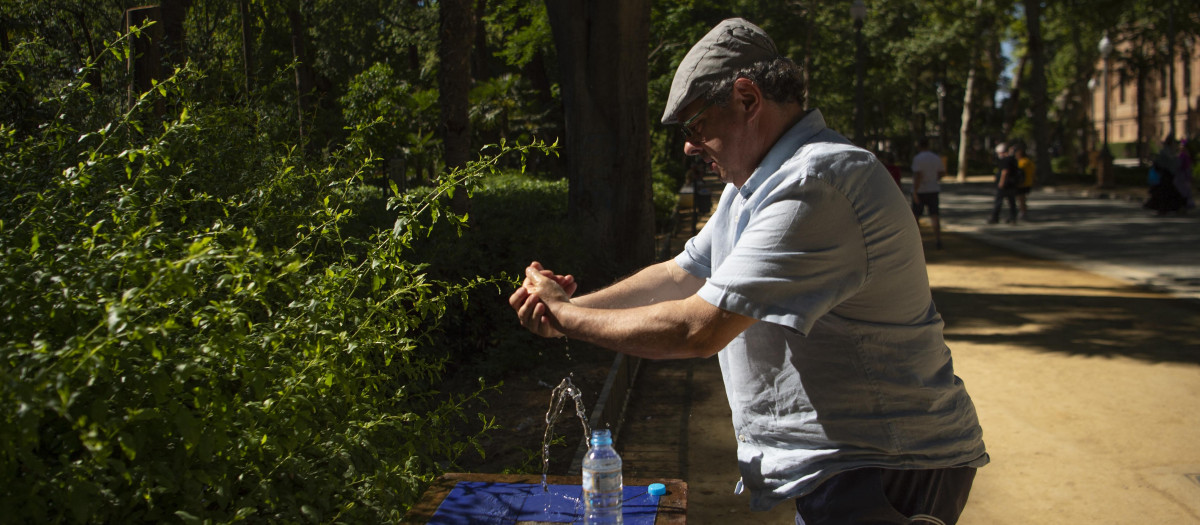 Un hombre se refresca con el agua de una fuente en Sevilla