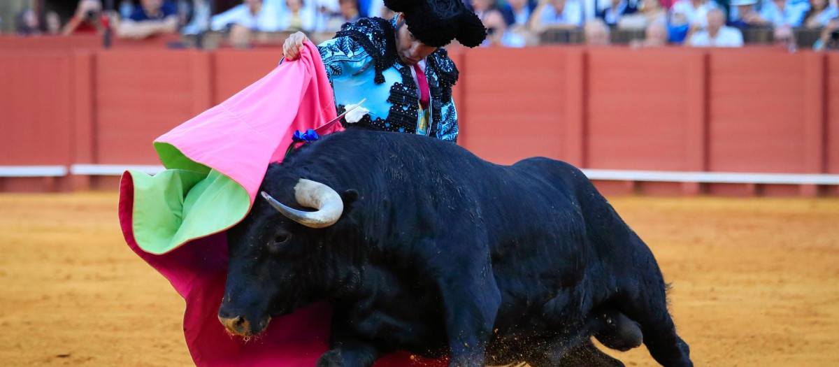 El torero Morante de la Puebla en la faena a su segundo toro al que cortó dos orejas y rabo