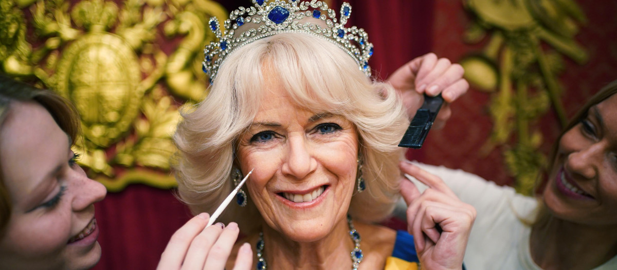 Studio artists Sophie Greenaway (left) and Claire Parkes add the finishing touches to a new Queen Consort wax figure at Madame Tussauds in London, ahead of the coronation of King Charles III on May 6. Picture date: Wednesday April 26, 2023.