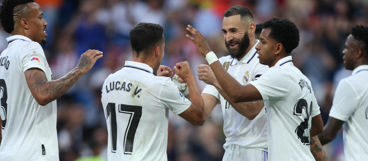 Militao, Lucas Vázquez, Rodrygo y Benzema, en un gol del Real Madrid