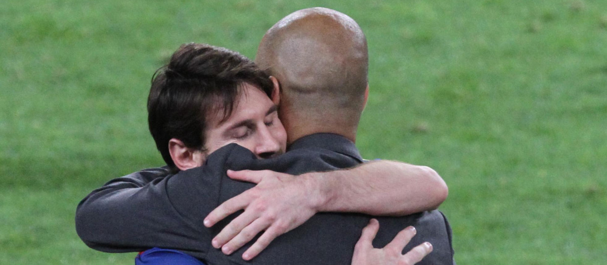 5/05/2012. Barcelona, Spain. La Liga. Picture show Leo Mesi and Pep Guardiola after scoring during match FC Barcelona against RCD ESpanyol at Camp Nou