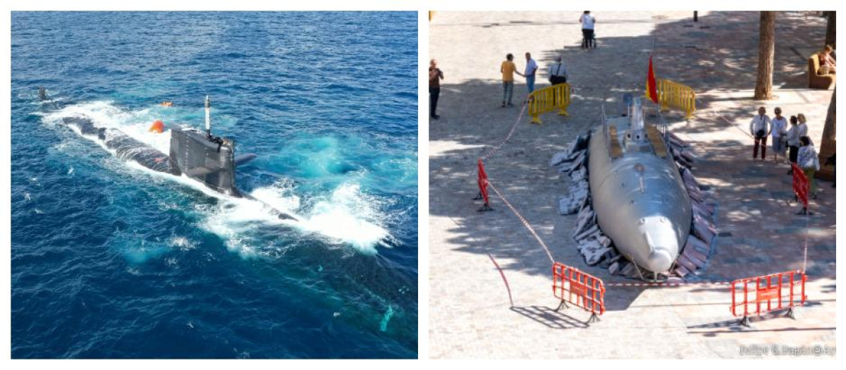 El submarino S-81 de Navantia y la réplica a escala real del prototipo del submarino de Isaac Peral en Cartagena