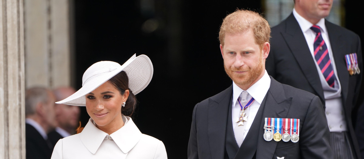Prince Harry and Meghan Markle,Duchess of Sussex attending a service of thanksgiving for the reign of Queen Elizabeth II in London Friday June 3, 2022 on the second of four days of celebrations to mark the Platinum Jubilee.