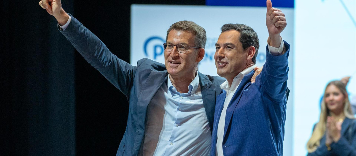 Alberto Núñez Feijóo y Juanma Moreno, en el mitin del PP en Sevilla