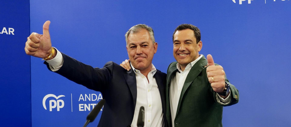 El alcalde electo de Sevilla, José Luis Sanz, y el presidente de la Junta, Juanma Moreno, celebran su victoria