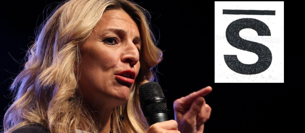 Yolanda Díaz, vicepresidenta segunda del Gobierno y líder de Sumar, con su logo
