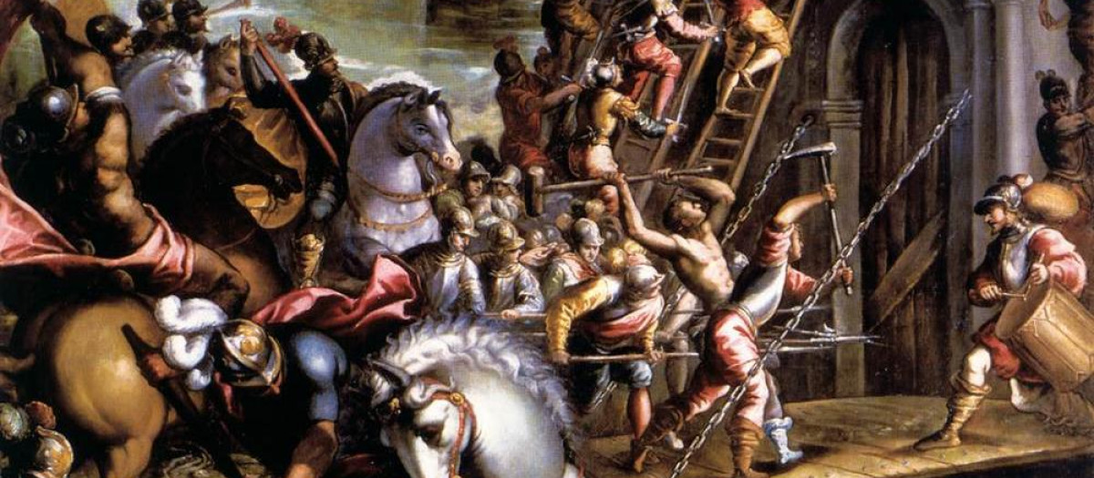 Los cruzados conquistando la ciudad de Zara (Zadar) en 1202, pintado por Andrea Vicentino