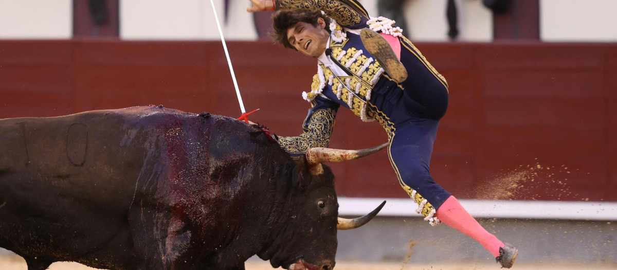El torero Sebastián Castella con su segundo toro, durante el vigésimo primer festejo taurino de la Feria San Isidro