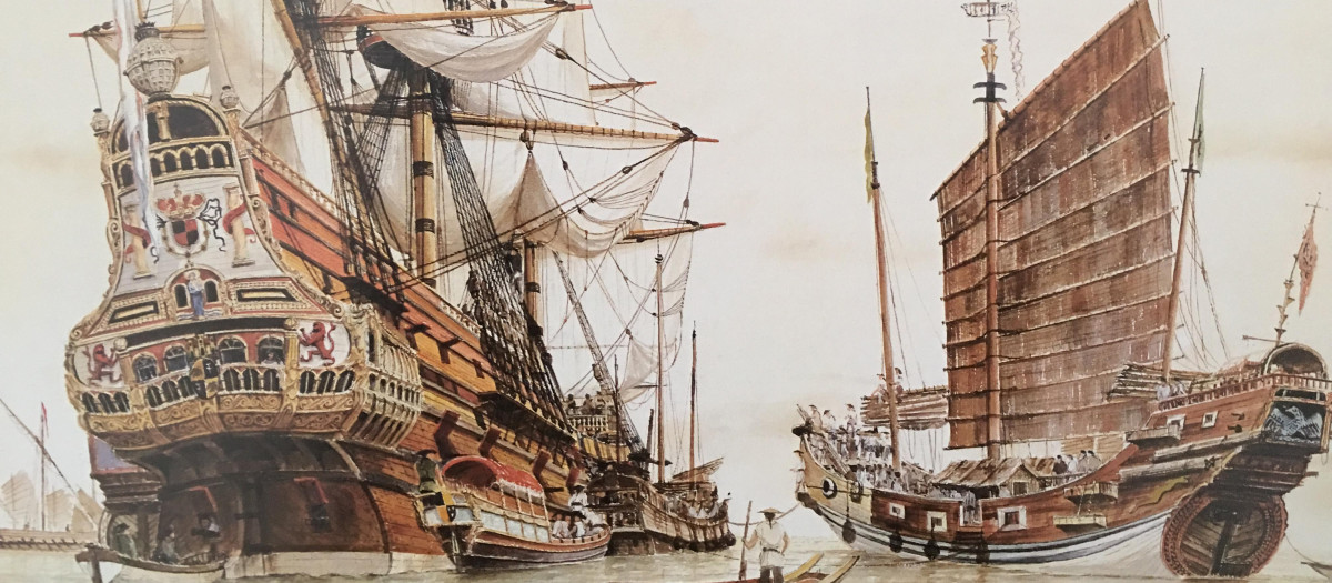 Un galeón español en la costa de Manila, en Filipinas