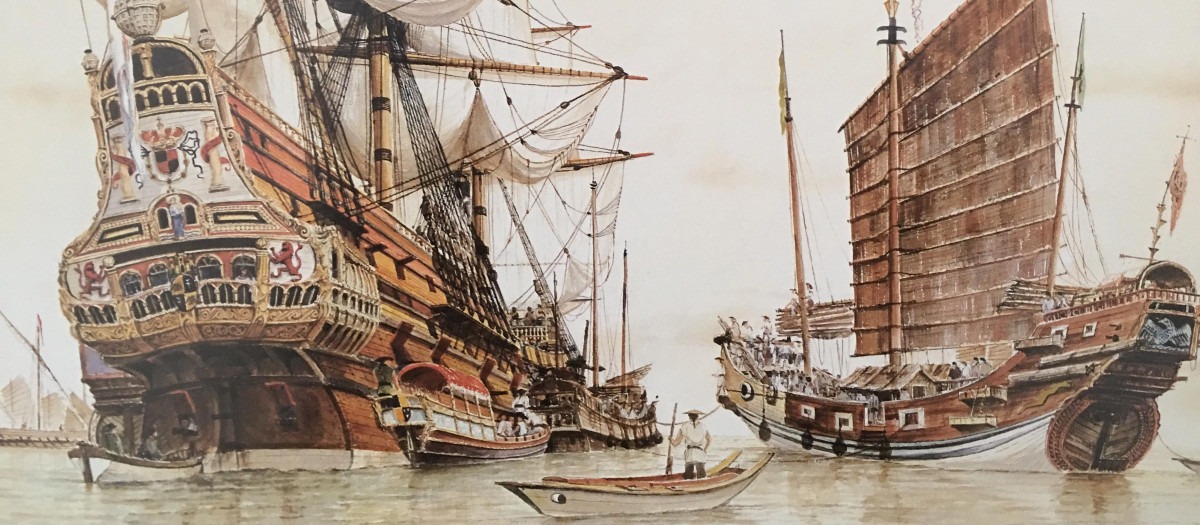 Un galeón español en la costa de Manila, en Filipinas