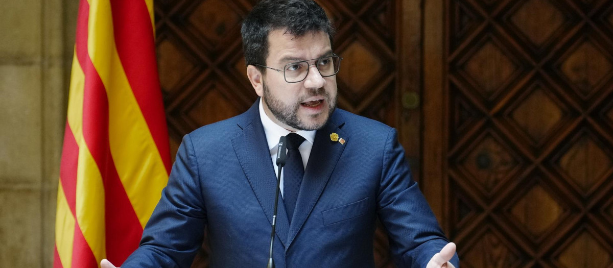 El presidente de la Generalitat, Pere Aragonès, durante su intervención en la celebración de la Diada de Sant Joan