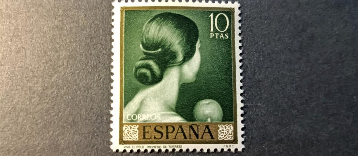 Sello de Correos con el cuadro 'Viva el pelo', de Romero de Torres