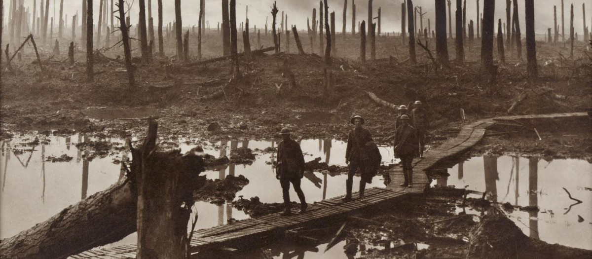 El bosque Chateau (Schlosswald), cerca de Ypres, sólo estaba formado por tocones de árboles tras los intensos bombardeos de artillería (1917)