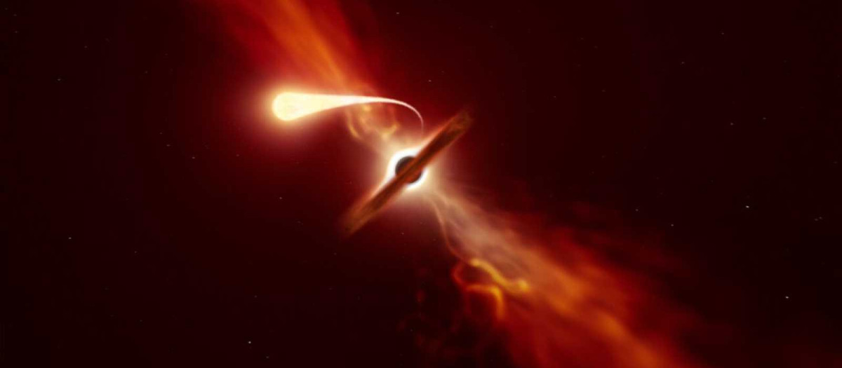 Esta Ilustración muestra una estrella experimentando una espaguetificación