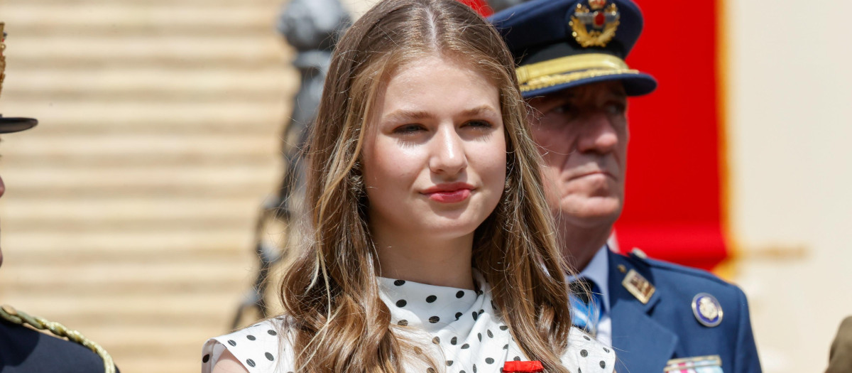 Spanish King Felipe VI and Letizia with Princess Leonor during Entrega de Reales Despachos de Empleo de la Academia Militar in Zaragoza on Friday, 7 July 2023.