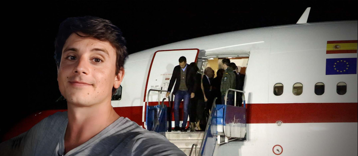 Montaje del ingeniero Pablo Bañuelos con un avión Falcon de fondo