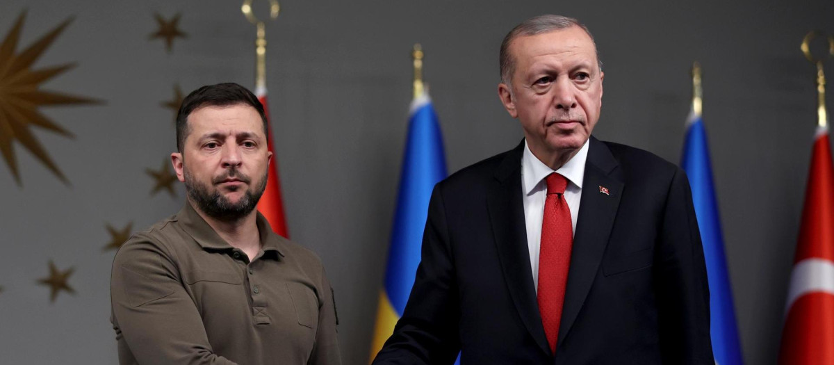 Istanbul (Turkey), 07/07/2023.- Turkey's President Recep Tayyip Erdogan (R) and Ukraine's President Volodymyr Zelensky (L) hold a joint press conference following their meeting in Istanbul, Turkey, 07 July 2023. (Turquía, Ucrania, Estanbul) EFE/EPA/TOLGA BOZOGLU