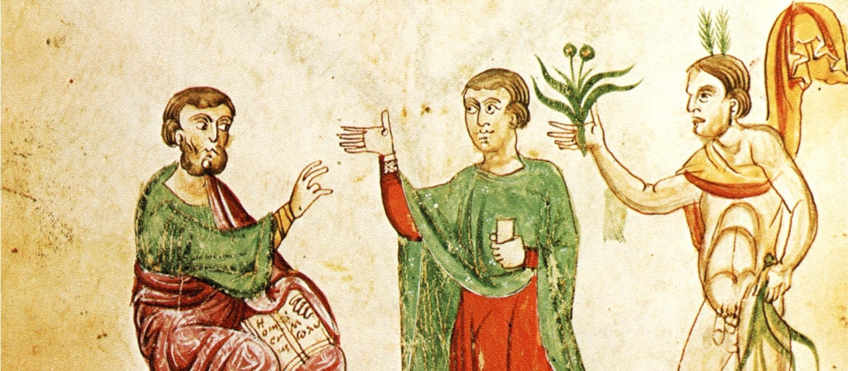 Representación de Homero y Hermes con la planta Moly, que les entrega un médico